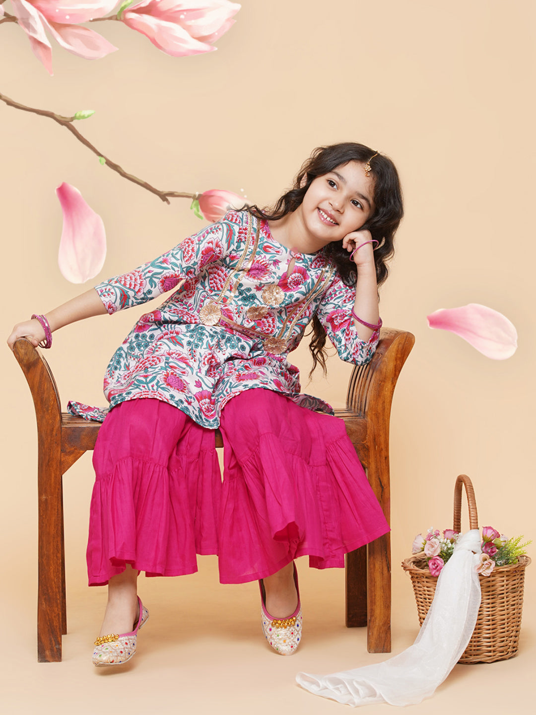 Girls White Floral Printed Kurta With Sharara for Kids - Bhama - Distacart