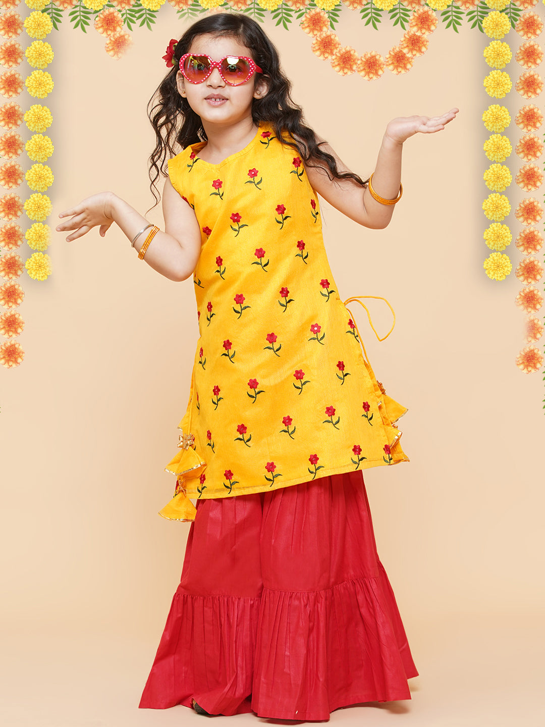 Girls Yellow Embroidered Kurta With Sharara for Kids - Bhama - Distacart