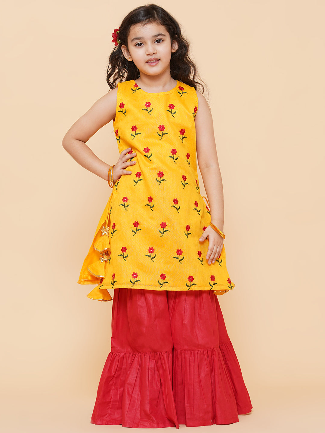 Girls Yellow Embroidered Kurta With Sharara for Kids - Bhama - Distacart