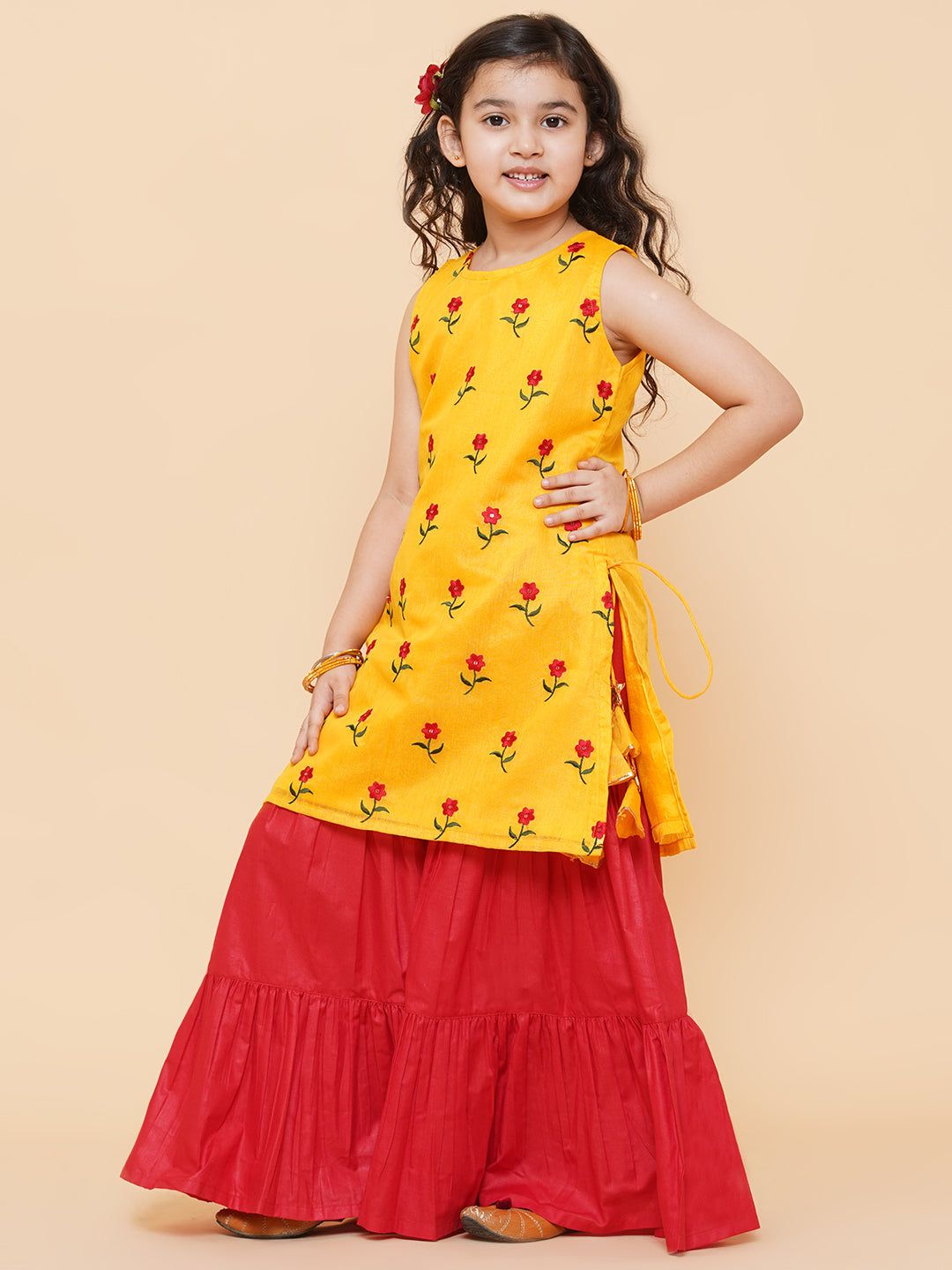Girls Yellow Embroidered Kurta With Sharara for Kids - Bhama - Distacart