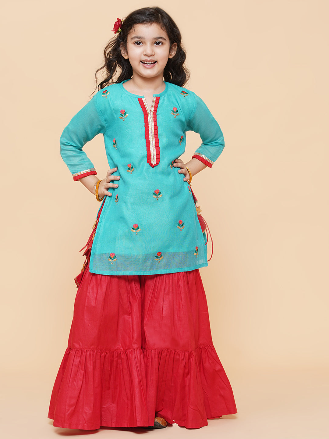 Girls Sea Green Embroidered Kurti With Sharara for Kids - Bhama - Distacart