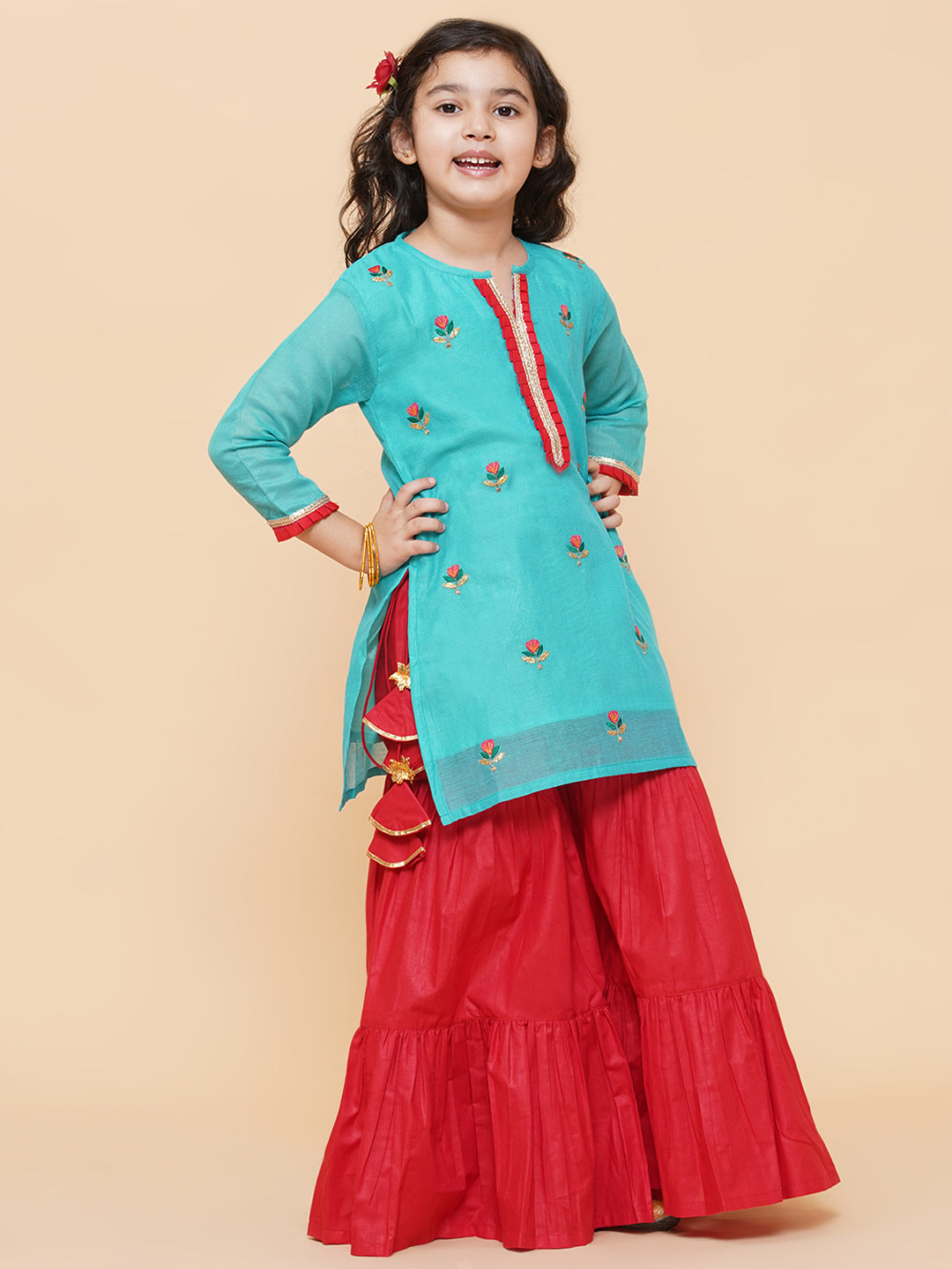Girls Sea Green Embroidered Kurti With Sharara for Kids - Bhama - Distacart