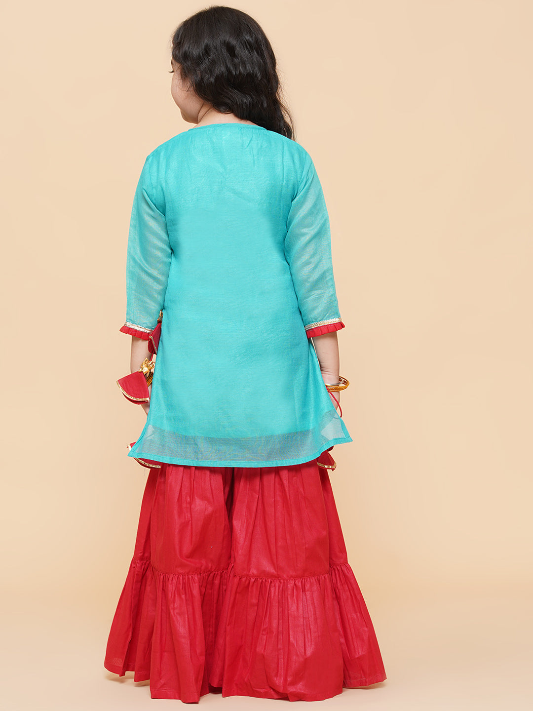 Girls Sea Green Embroidered Kurti With Sharara for Kids - Bhama - Distacart