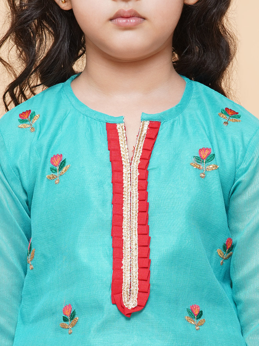 Girls Sea Green Embroidered Kurti With Sharara for Kids - Bhama - Distacart