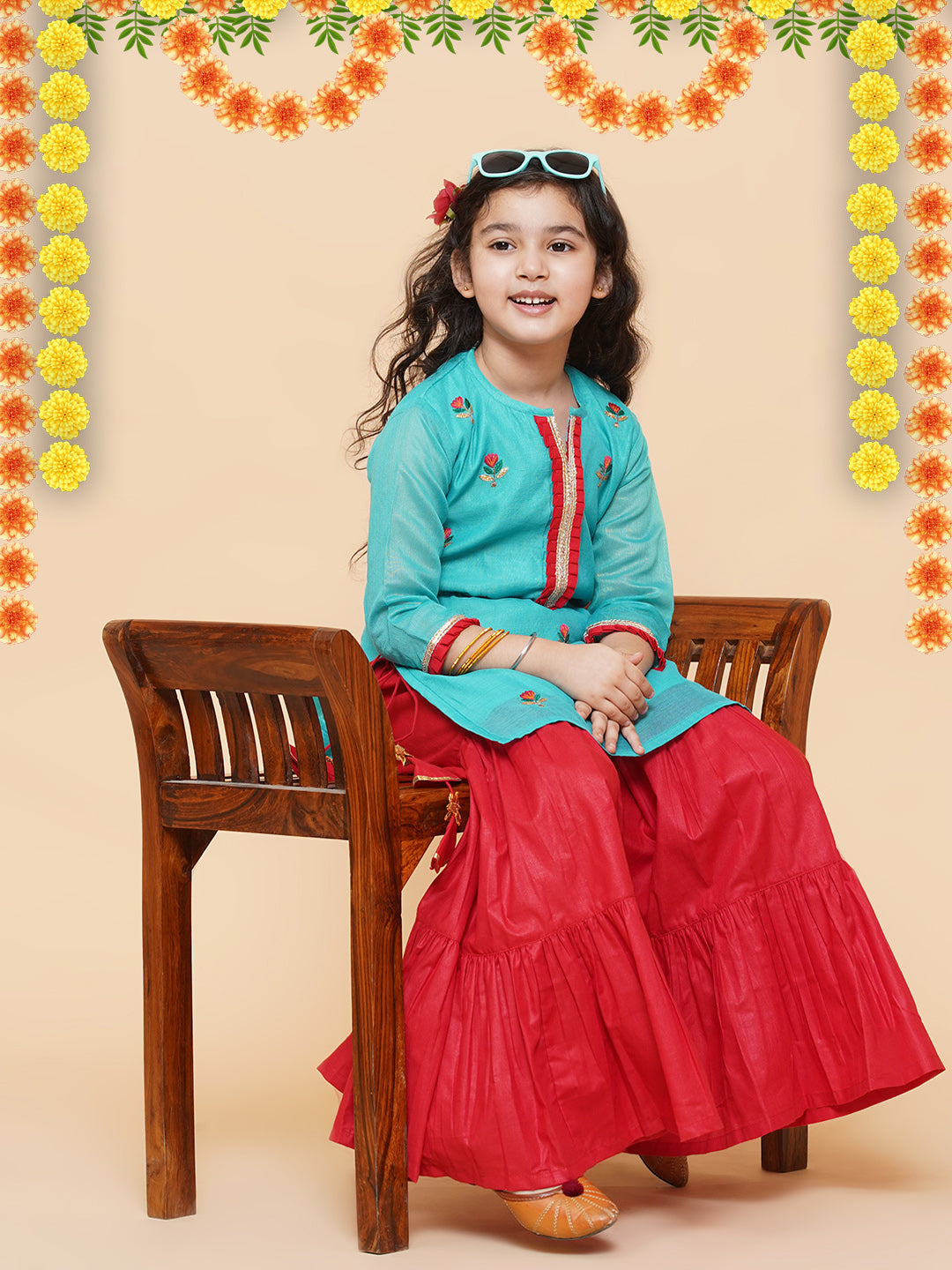 Girls Sea Green Embroidered Kurti With Sharara for Kids - Bhama - Distacart