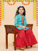 Thumbnail for Girls Sea Green Embroidered Kurti With Sharara for Kids - Bhama - Distacart