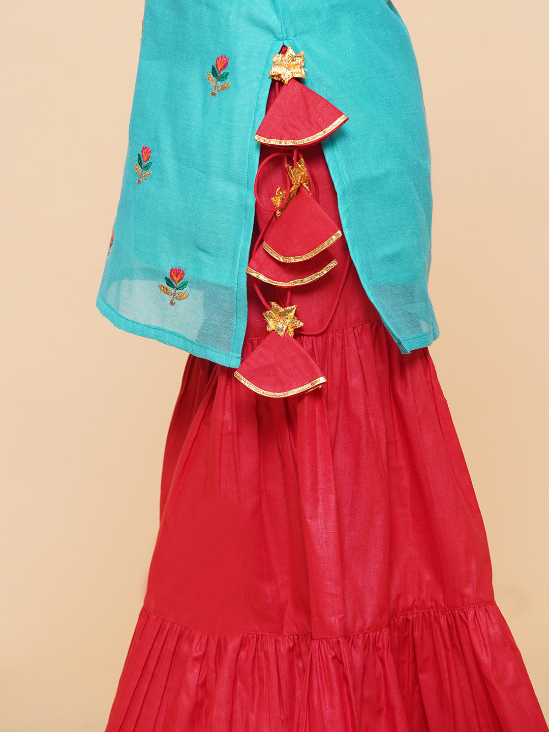 Girls Sea Green Embroidered Kurti With Sharara for Kids - Bhama - Distacart