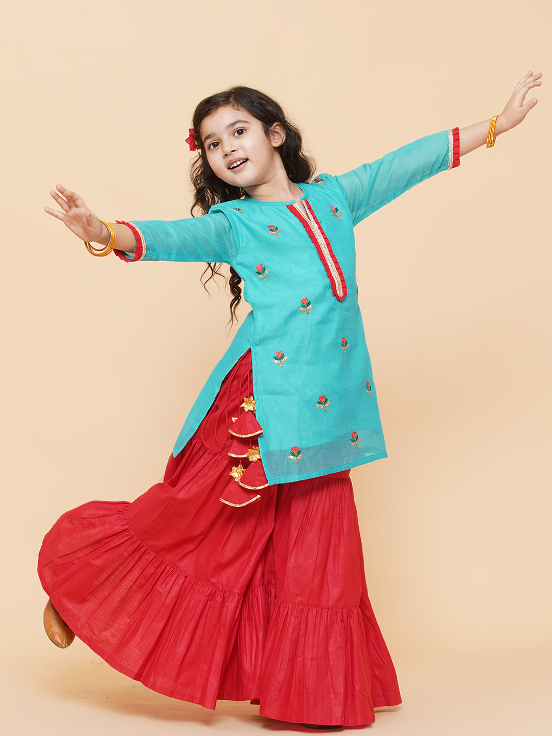 Girls Sea Green Embroidered Kurti With Sharara for Kids - Bhama - Distacart