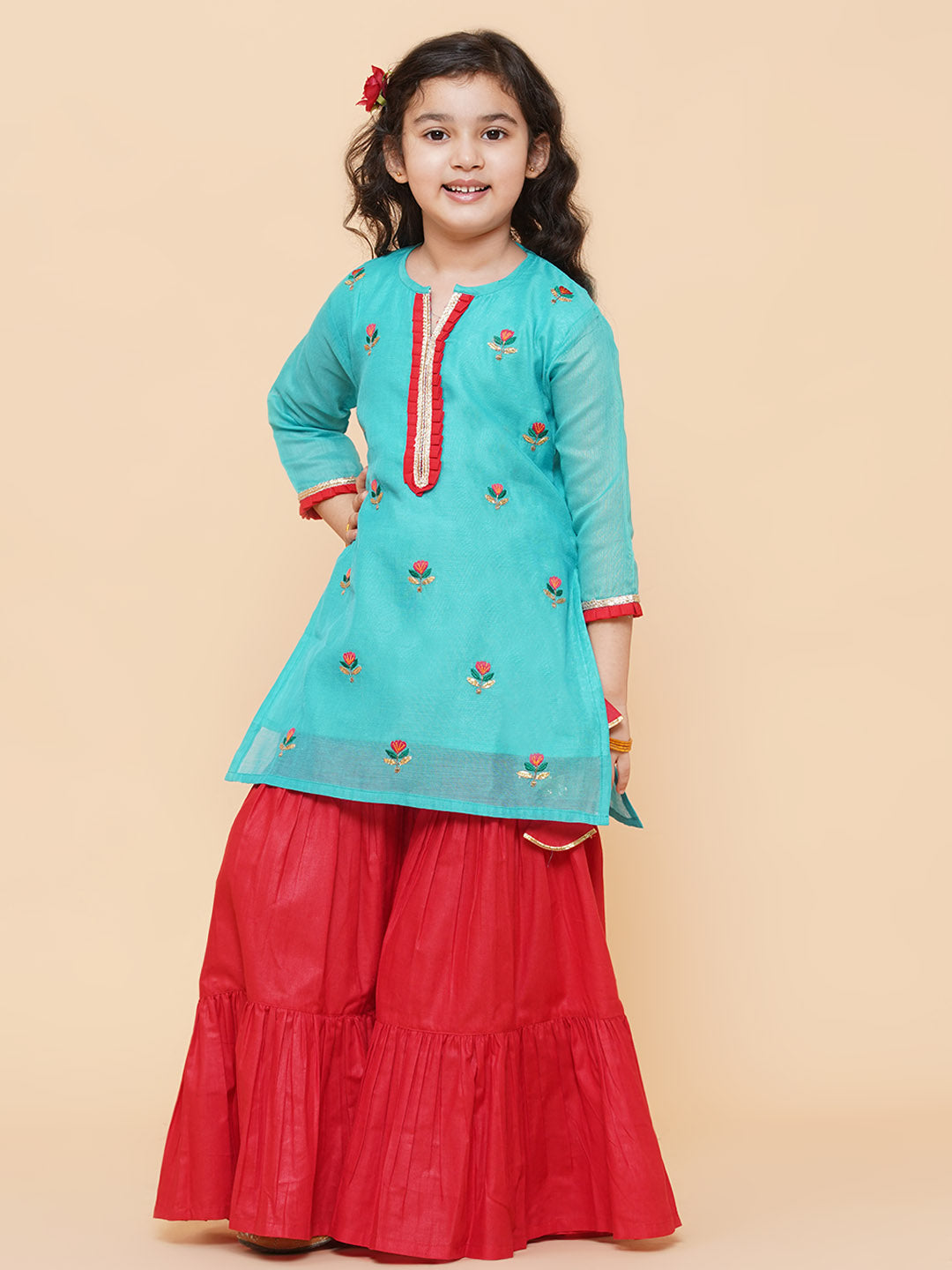 Girls Sea Green Embroidered Kurti With Sharara for Kids - Bhama - Distacart