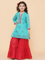 Thumbnail for Girls Sea Green Embroidered Kurti With Sharara for Kids - Bhama - Distacart