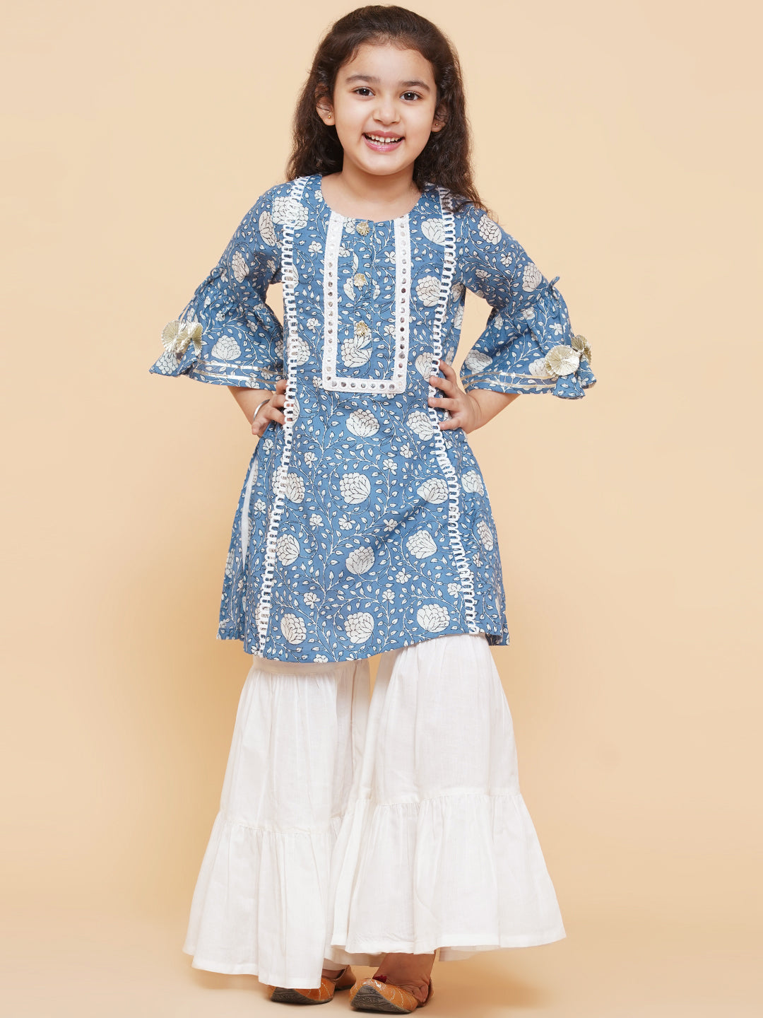 Girls Blue Coloured Printed Kurta With Sharara for Kids - Bhama - Distacart