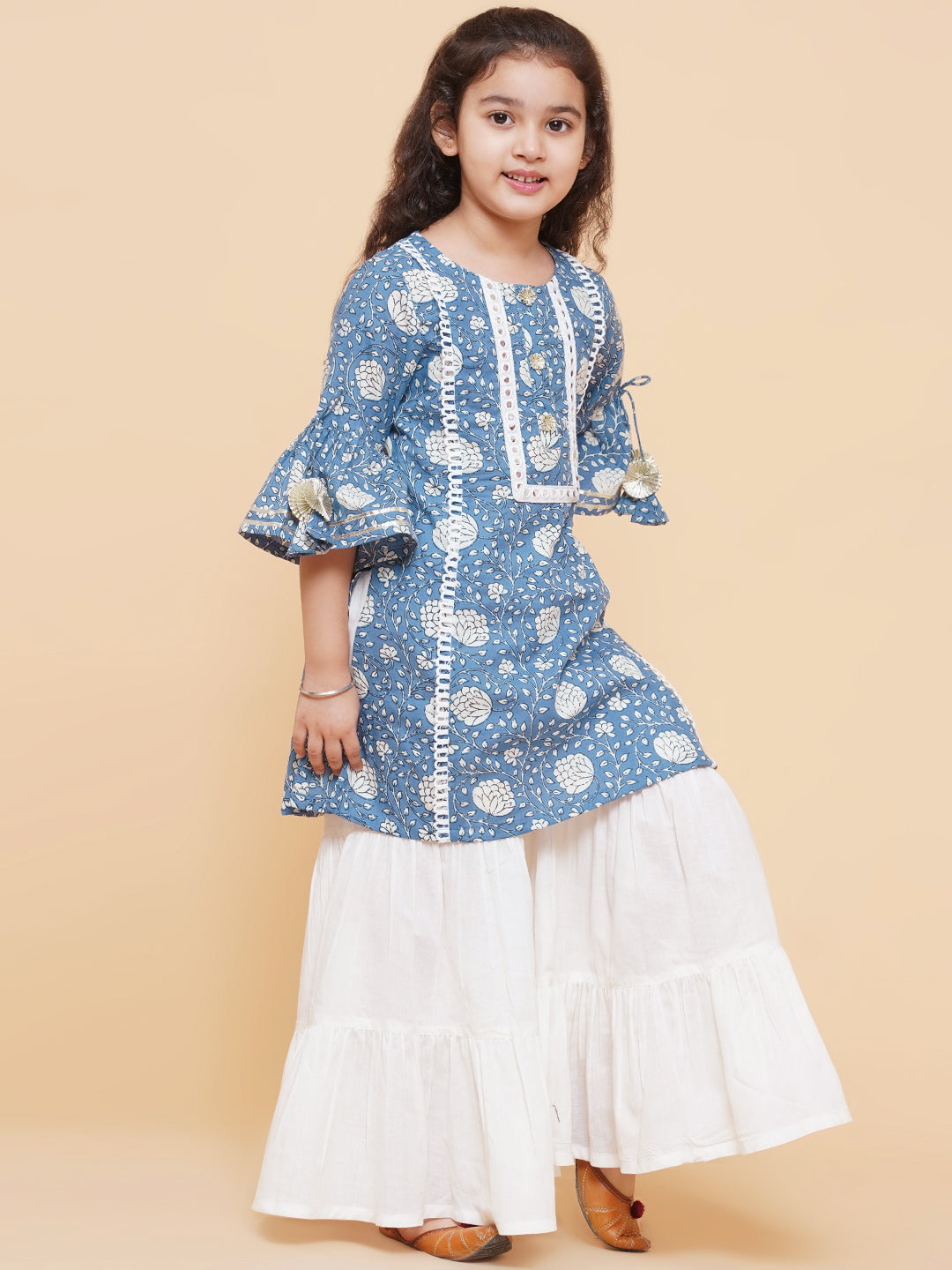 Girls Blue Coloured Printed Kurta With Sharara for Kids - Bhama - Distacart