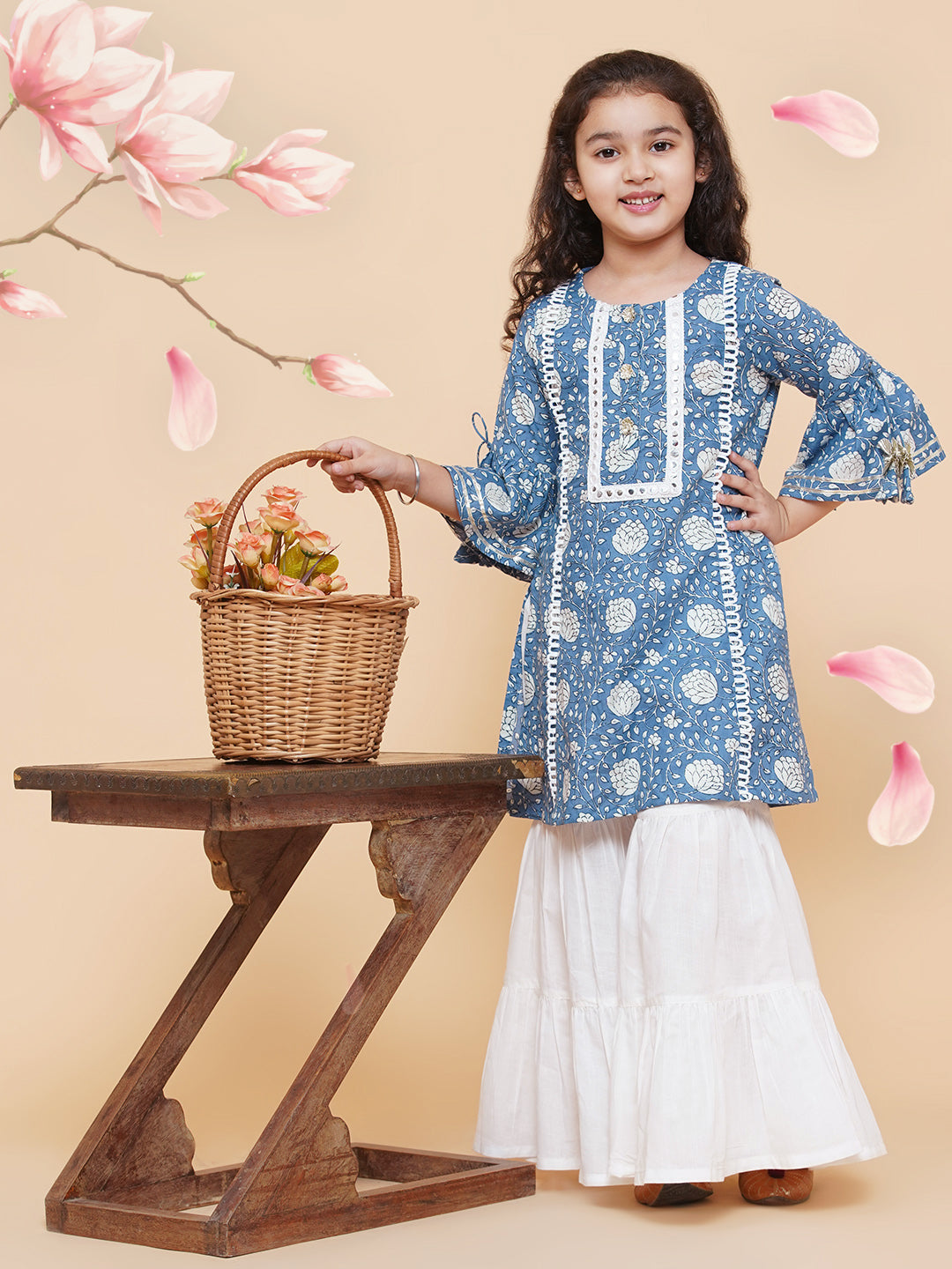 Girls Blue Coloured Printed Kurta With Sharara for Kids - Bhama - Distacart