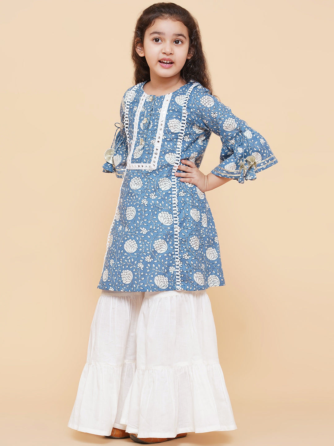 Girls Blue Coloured Printed Kurta With Sharara for Kids - Bhama - Distacart
