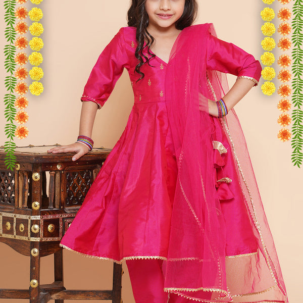 Girls Blue Embroidered Kurta With Trousers & With Dupatta for Kids - Bhama - Distacart