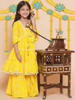 Thumbnail for Girls Yellow Bandhani Printed Empire Gotta Patti Kurta With Sharara for Kids - Bhama - Distacart