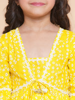 Thumbnail for Girls Yellow Bandhani Printed Empire Gotta Patti Kurta With Sharara for Kids - Bhama - Distacart