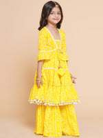Thumbnail for Girls Yellow Bandhani Printed Empire Gotta Patti Kurta With Sharara for Kids - Bhama - Distacart