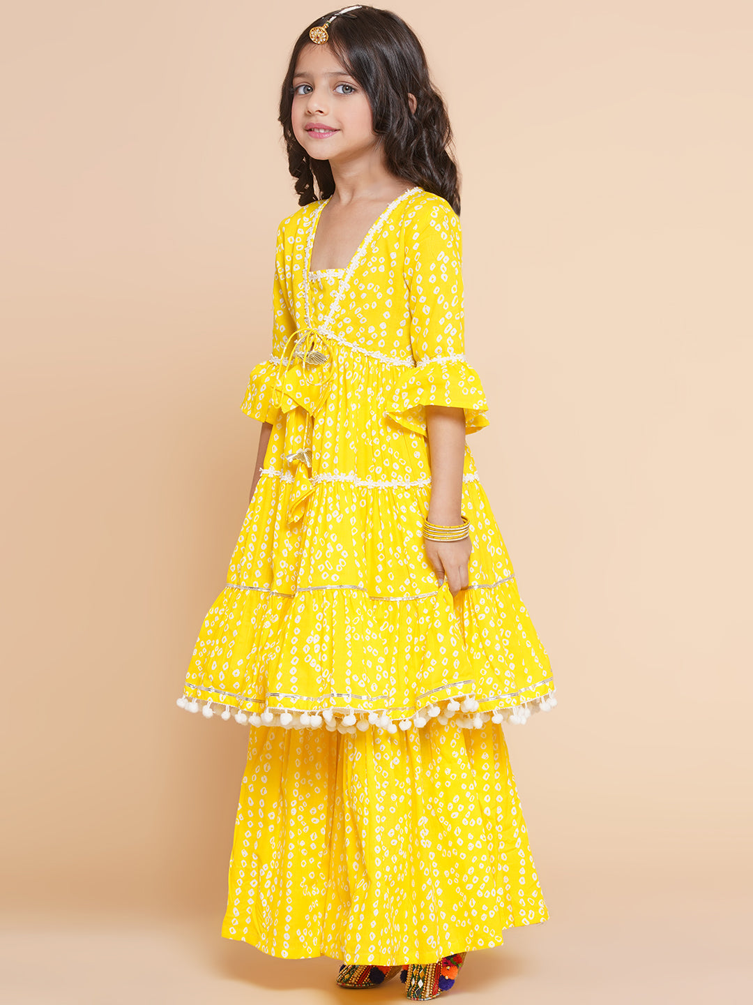 Girls Yellow Bandhani Printed Empire Gotta Patti Kurta With Sharara for Kids - Bhama - Distacart