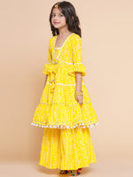 Thumbnail for Girls Yellow Bandhani Printed Empire Gotta Patti Kurta With Sharara for Kids - Bhama - Distacart