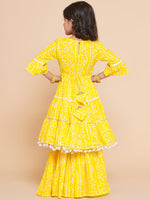 Thumbnail for Girls Yellow Bandhani Printed Empire Gotta Patti Kurta With Sharara for Kids - Bhama - Distacart