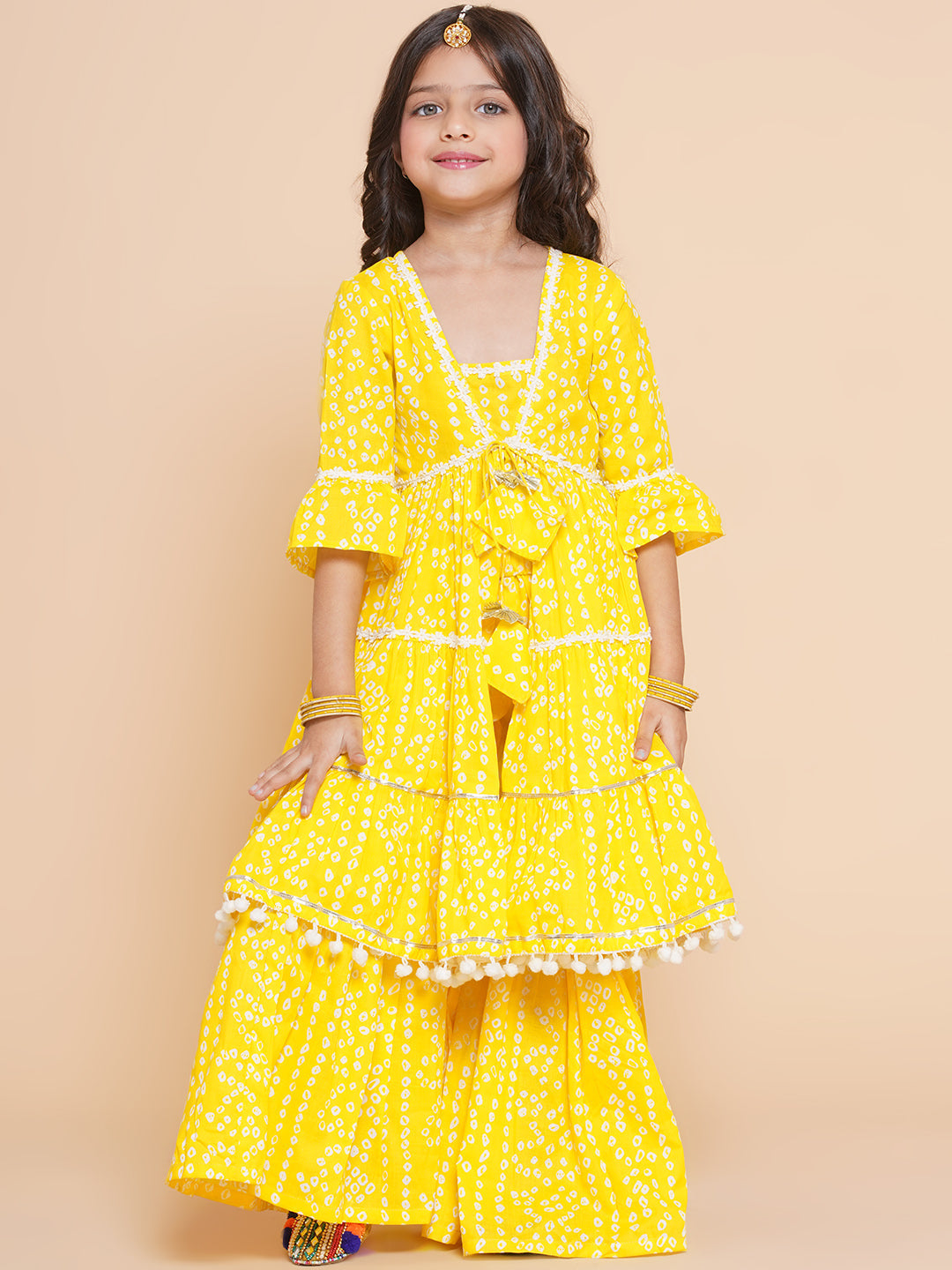 Girls Yellow Bandhani Printed Empire Gotta Patti Kurta With Sharara for Kids - Bhama - Distacart