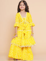 Thumbnail for Girls Yellow Bandhani Printed Empire Gotta Patti Kurta With Sharara for Kids - Bhama - Distacart