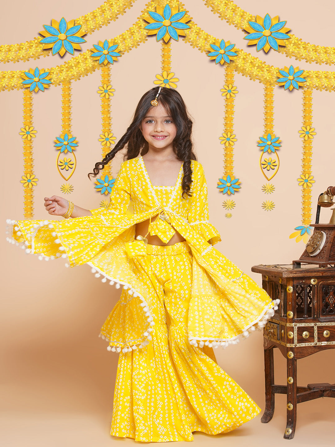 Girls Yellow Bandhani Printed Empire Gotta Patti Kurta With Sharara for Kids - Bhama - Distacart