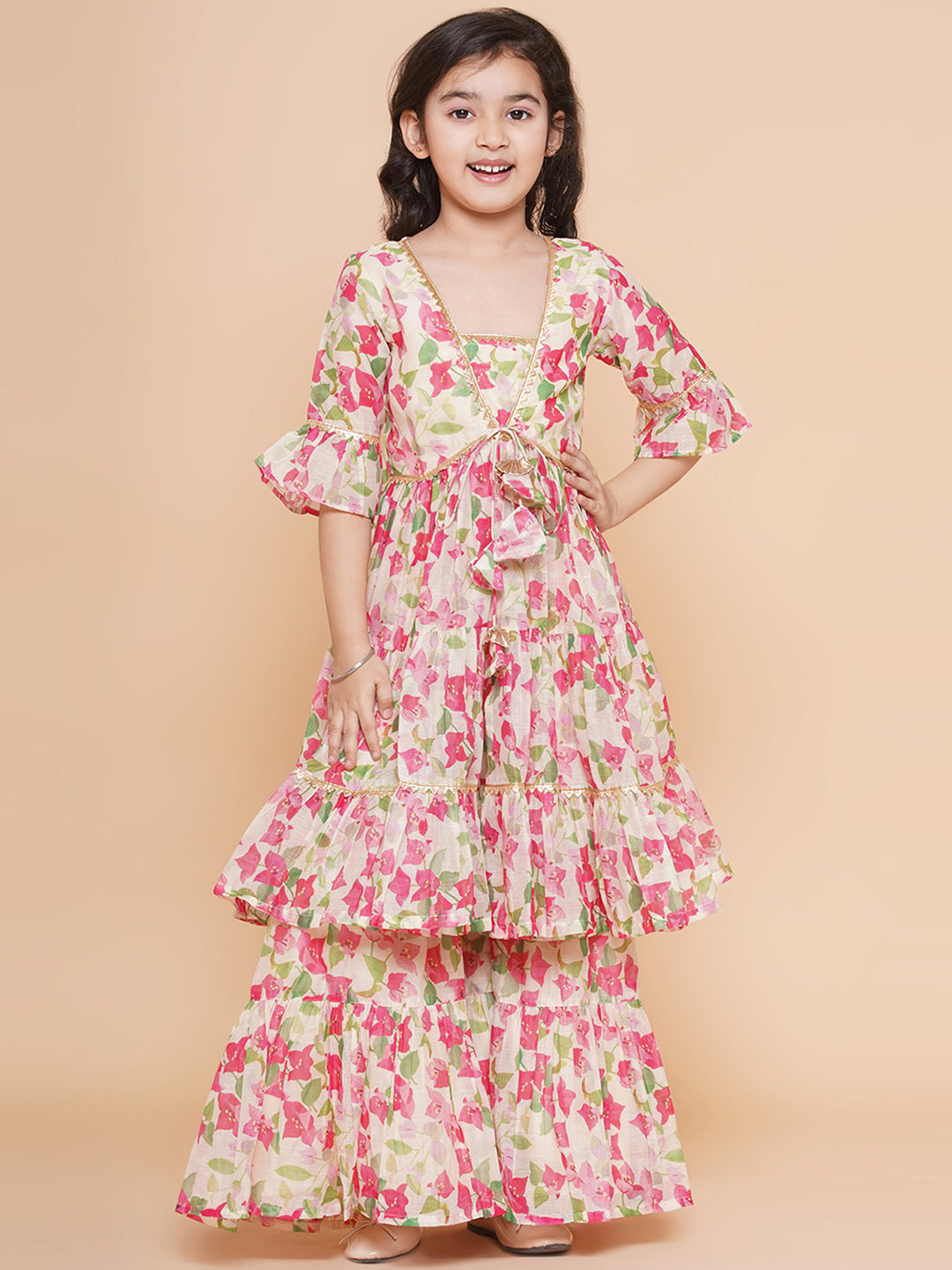 Cream Multi Printed Kurta With Sharara for Kids - Bhama - Distacart