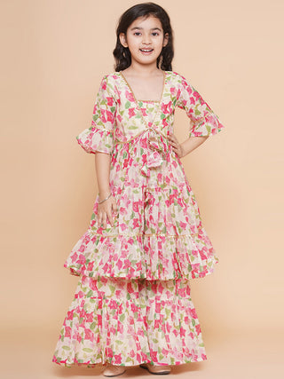 Cream Multi Printed Kurta With Sharara for Kids - Bhama - Distacart