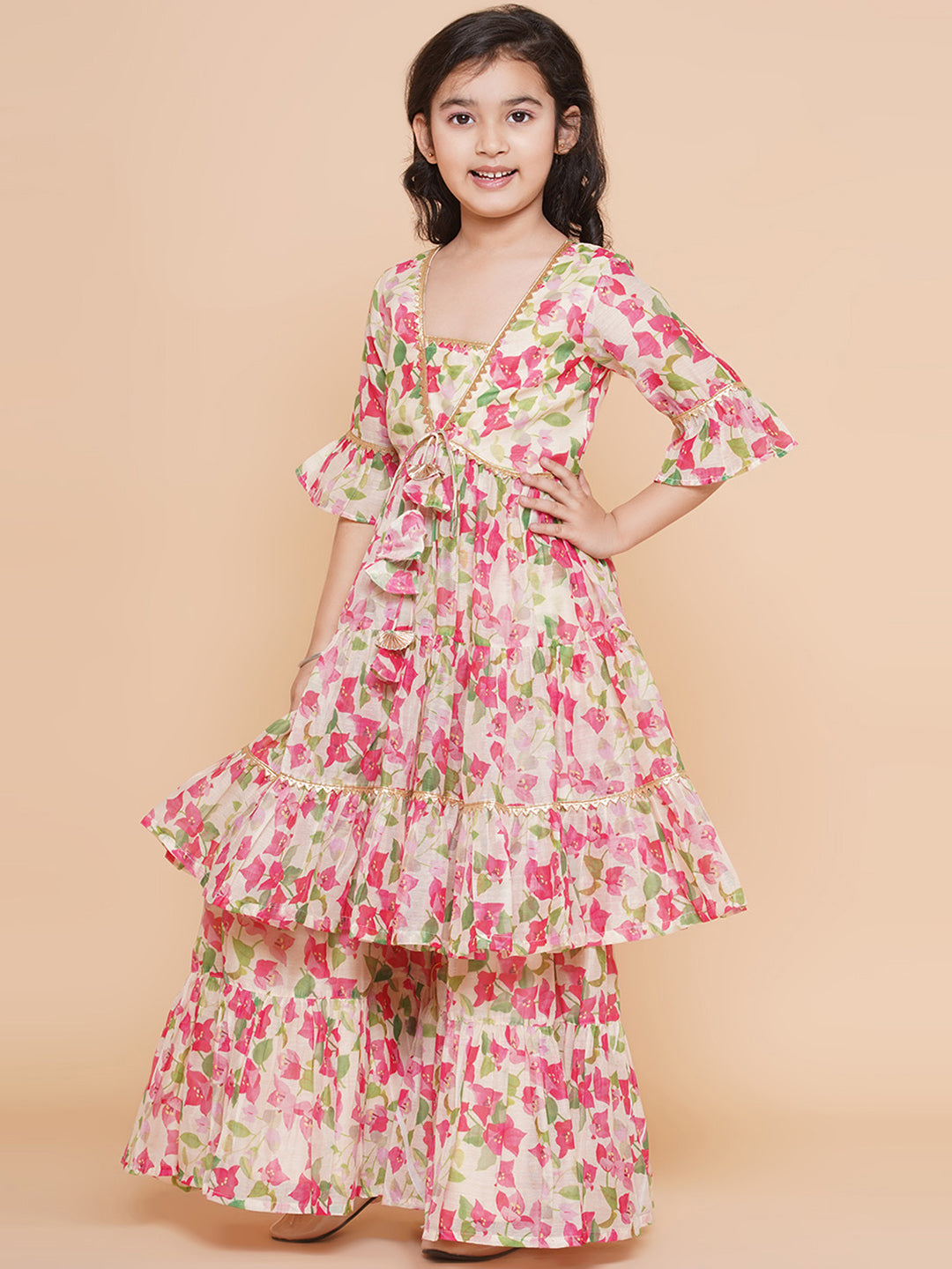 Cream Multi Printed Kurta With Sharara for Kids - Bhama - Distacart