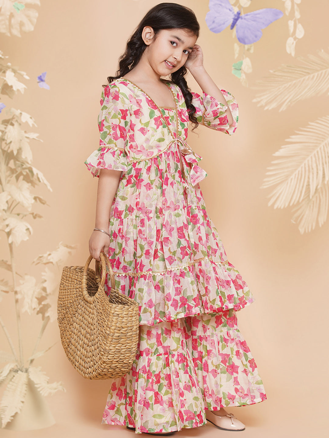 Cream Multi Printed Kurta With Sharara for Kids - Bhama - Distacart