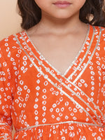 Thumbnail for Girls Orange Bandhani Printed With Gotta Patti Lace Kurta With Sharara for Kids - Bhama - Distacart