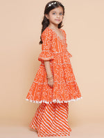Thumbnail for Girls Orange Bandhani Printed With Gotta Patti Lace Kurta With Sharara for Kids - Bhama - Distacart