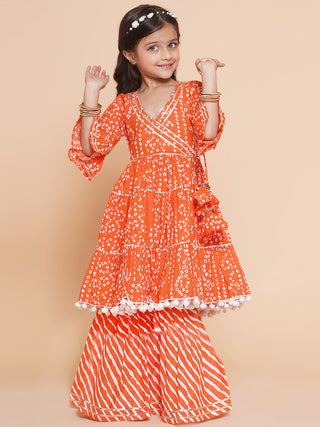Girls Orange Bandhani Printed With Gotta Patti Lace Kurta With Sharara for Kids - Bhama - Distacart
