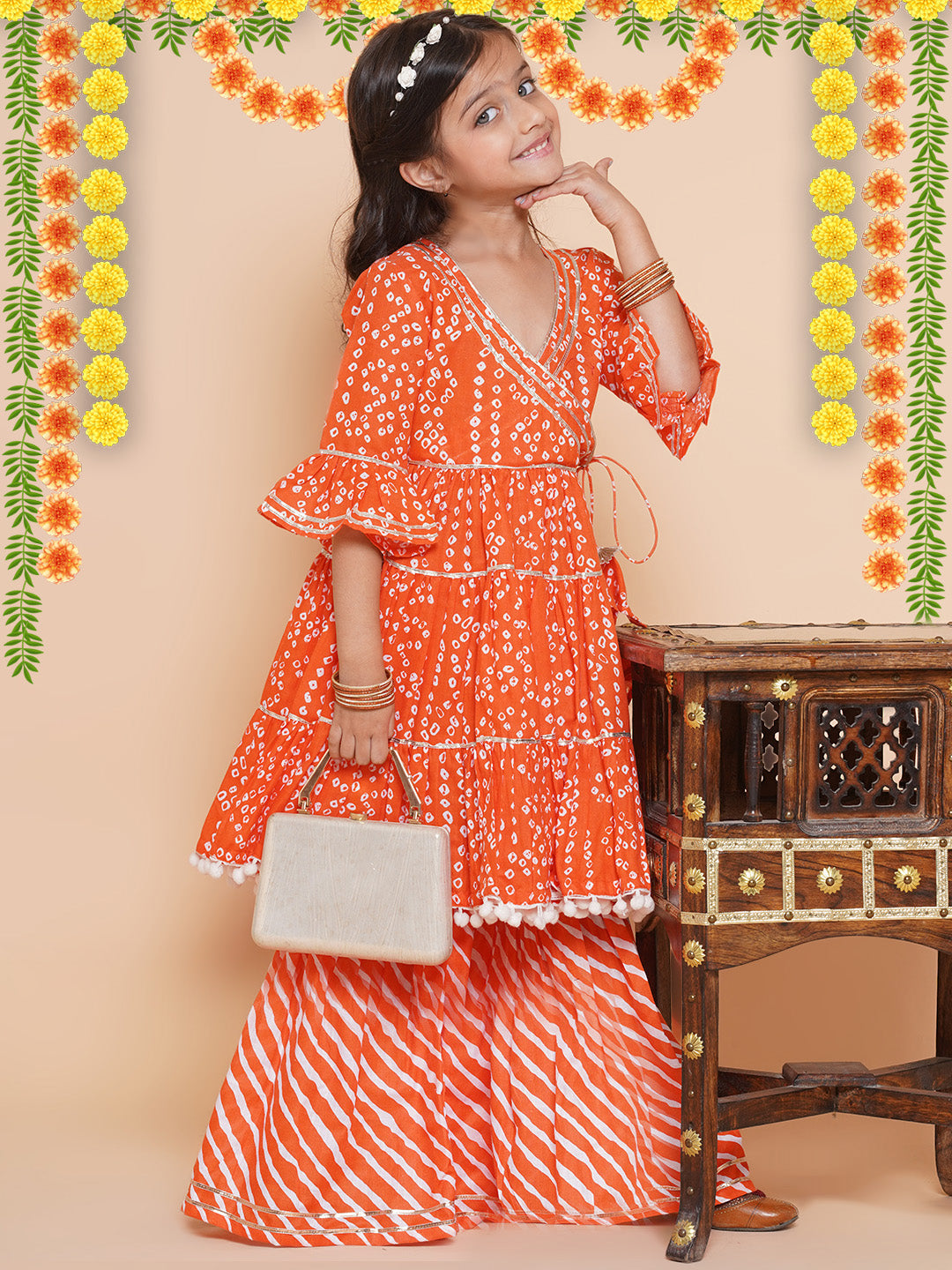 Girls Orange Bandhani Printed With Gotta Patti Lace Kurta With Sharara for Kids - Bhama - Distacart
