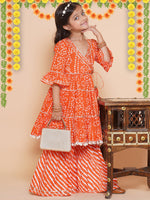 Thumbnail for Girls Orange Bandhani Printed With Gotta Patti Lace Kurta With Sharara for Kids - Bhama - Distacart