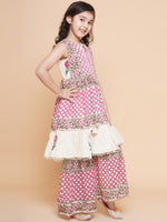 Thumbnail for Girls Pink & White Floral Printed Kurta With Sharara - Bhama - Distacart