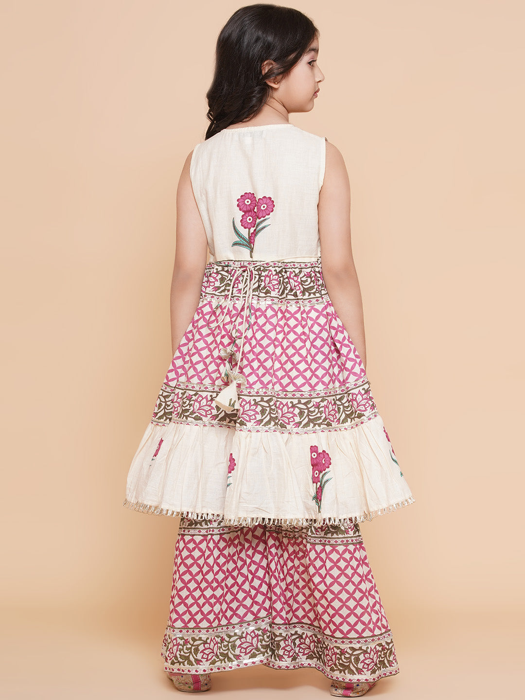 Girls Pink & White Floral Printed Kurta With Sharara - Bhama - Distacart