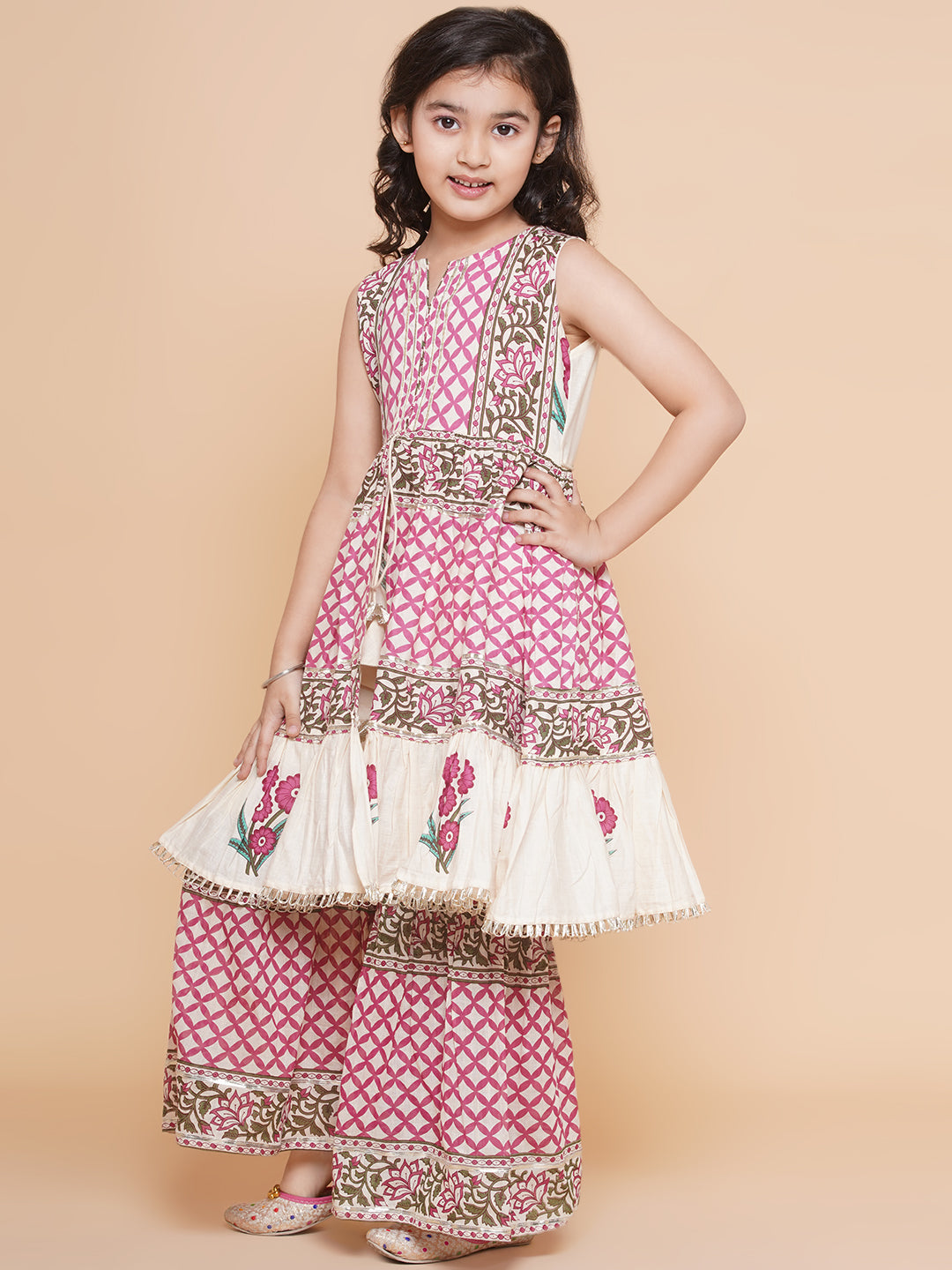 Girls Pink & White Floral Printed Kurta With Sharara - Bhama - Distacart