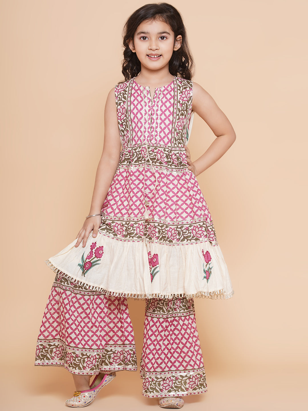 Girls Pink & White Floral Printed Kurta With Sharara - Bhama - Distacart