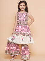 Thumbnail for Girls Pink & White Floral Printed Kurta With Sharara - Bhama - Distacart