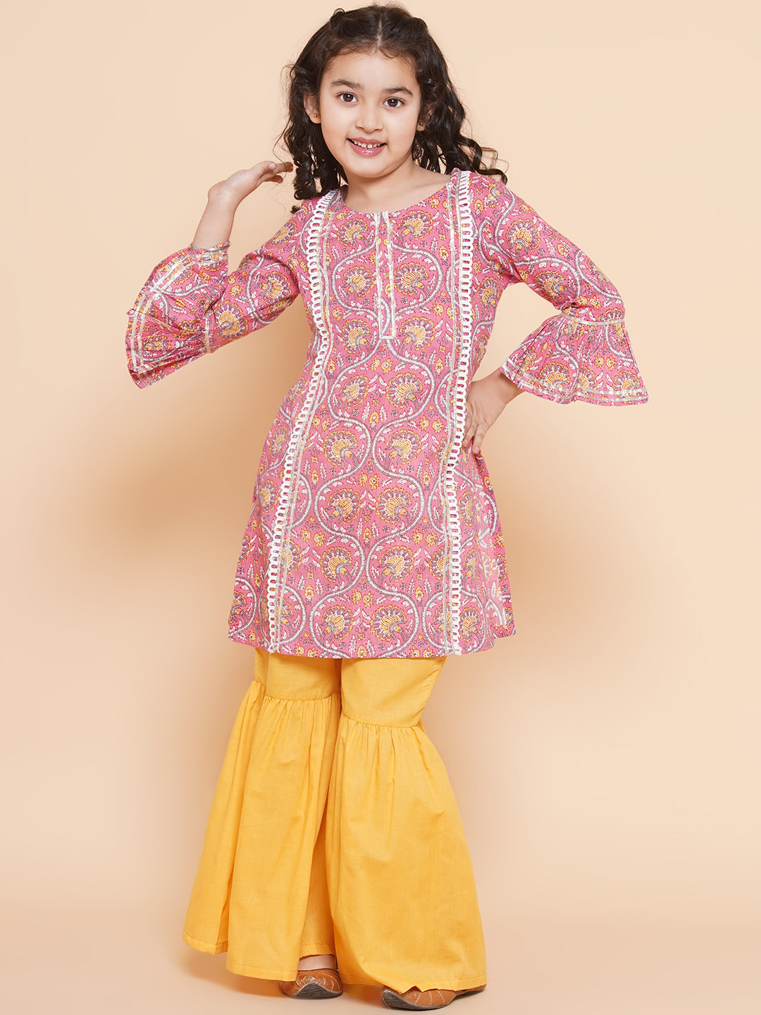 Girls Pink Floral Printed Panelled Pure Cotton Kurta With Sharara for Kids - Bhama - Distacart