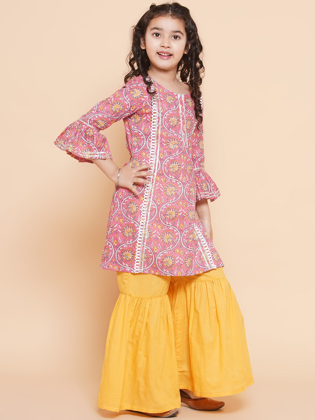 Girls Pink Floral Printed Panelled Pure Cotton Kurta With Sharara for Kids - Bhama - Distacart
