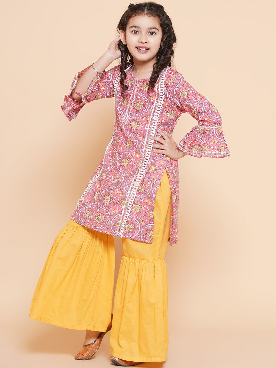 Girls Pink Floral Printed Panelled Pure Cotton Kurta With Sharara for Kids - Bhama - Distacart