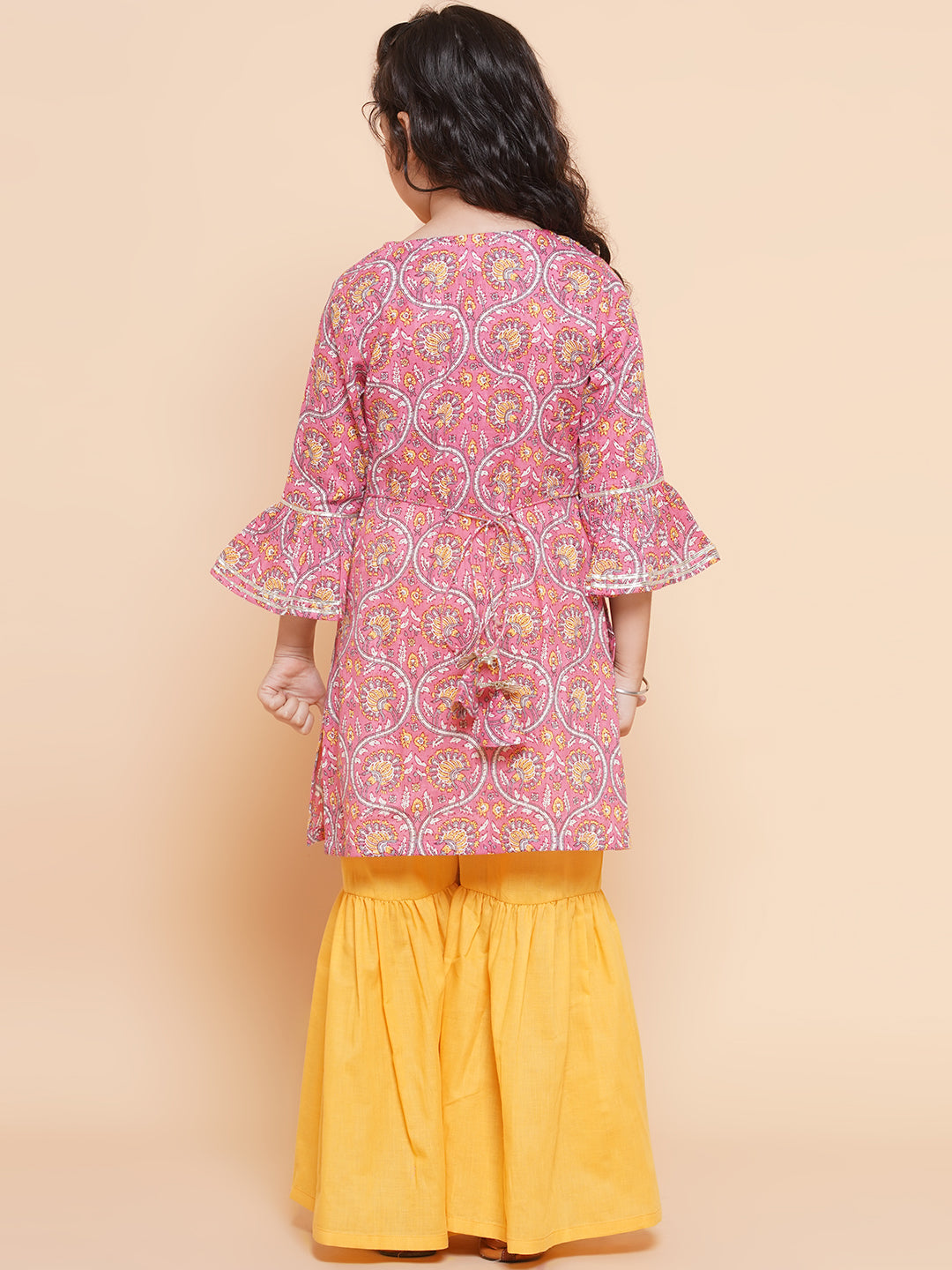 Girls Pink Floral Printed Panelled Pure Cotton Kurta With Sharara for Kids - Bhama - Distacart