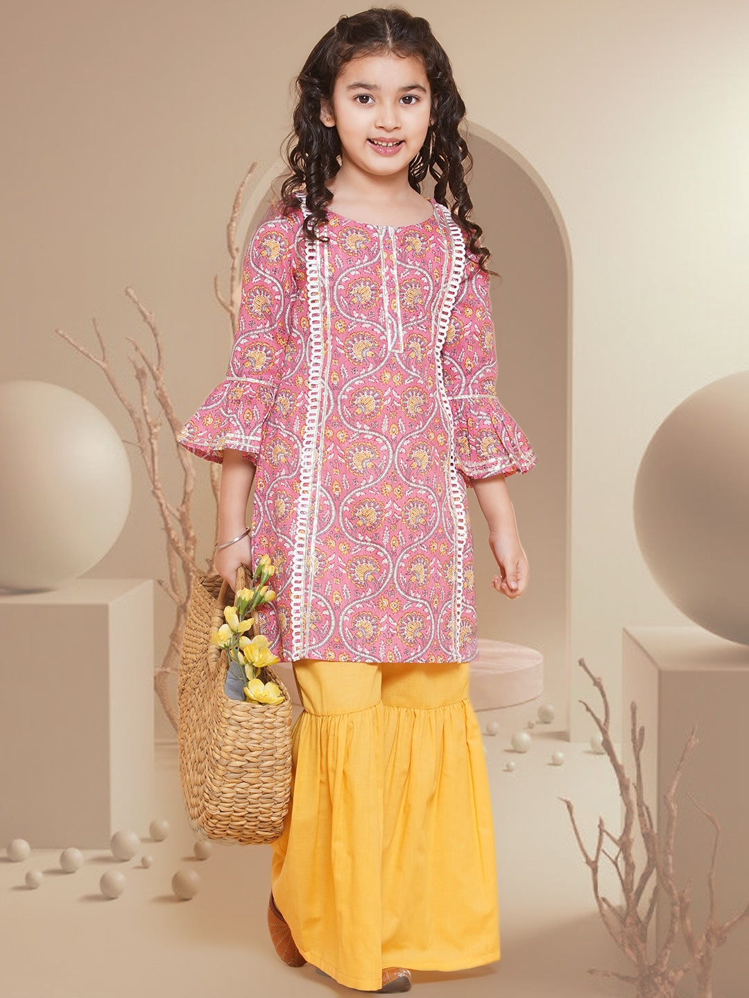 Girls Pink Floral Printed Panelled Pure Cotton Kurta With Sharara for Kids - Bhama - Distacart