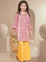 Thumbnail for Girls Pink Floral Printed Panelled Pure Cotton Kurta With Sharara for Kids - Bhama - Distacart