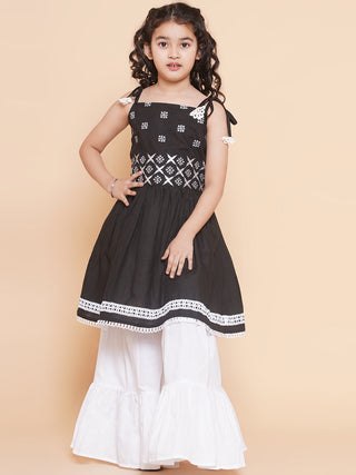 Girls Black Ethnic Motifs Embroidered Kurta With White Sharara for Kids - Bhama - Distacart
