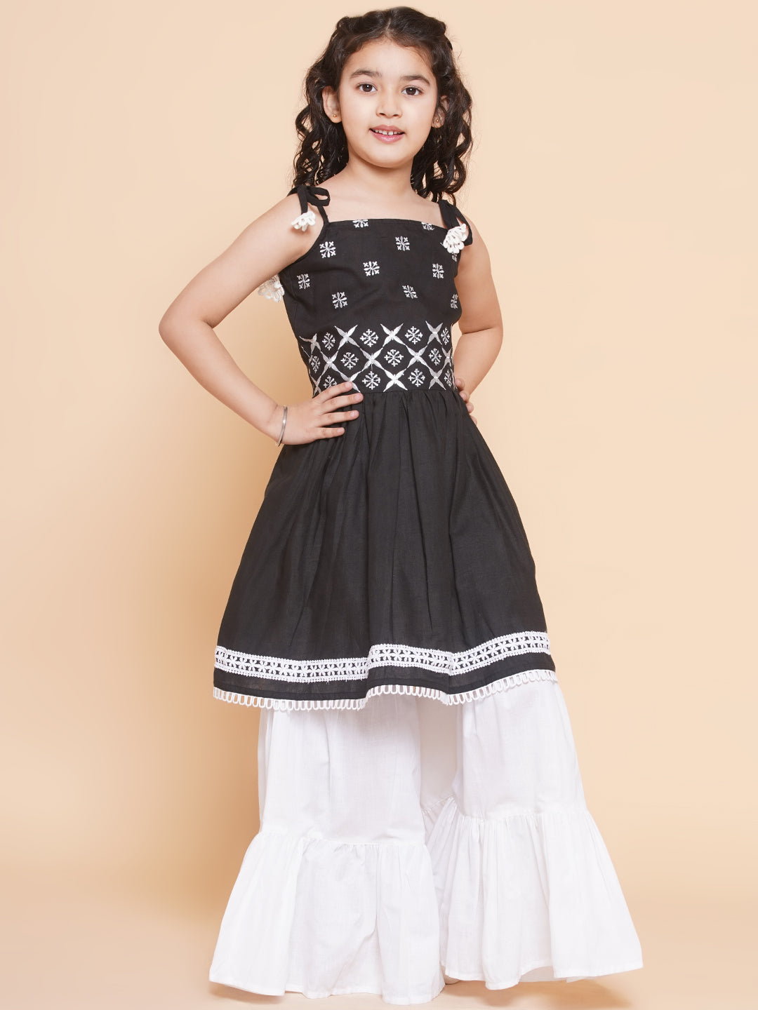 Girls Black Ethnic Motifs Embroidered Kurta With White Sharara for Kids - Bhama - Distacart